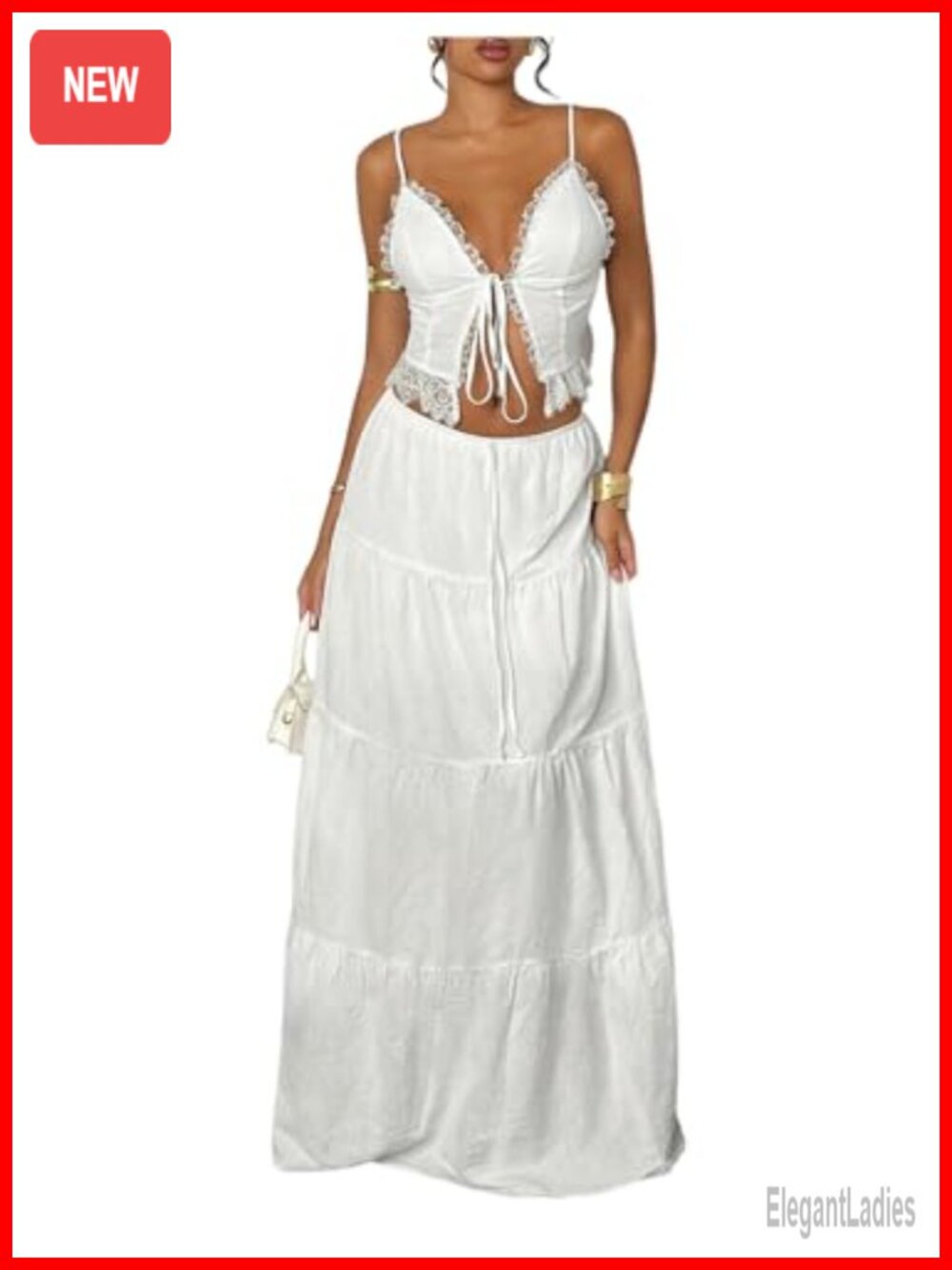 Floerns Women's 2 Piece Outfit Tie Front Camisole Top Tiered Maxi Skirt Set